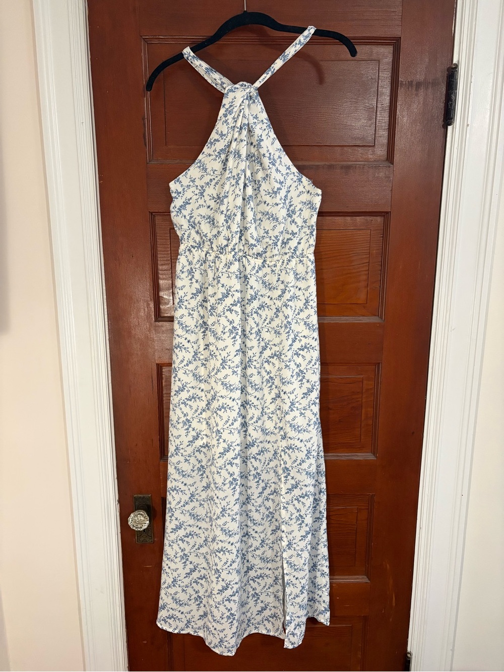 Whit/Blue Floral Halter Midi Dress